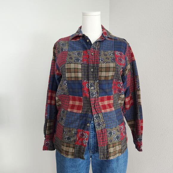 Vintage 90s Class Club Patchwork Plaid Bandana Print Cotton Button Down Shirt M - Picture 1 of 8